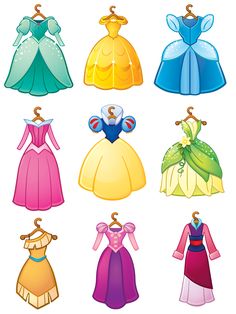 the princess dresses are all different colors