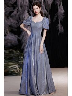 Blue Bling Square Neck Aline Prom Dress with Bubble Sleeves Puff Sleeve Prom Dress, Aline Prom Dress, Dress With Square Neck, Sleeve Prom Dress, Delicate Gown, Lycra Material, Banquet Dresses, Suspender Dress, Prom Dresses With Sleeves