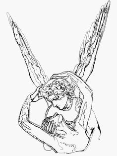 a black and white drawing of an angel holding a woman's head in her arms