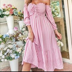 Beautiful Brand New Gingham Shirred Ruffle Hem Bardot Dress White/Pink Size L Bardot Dress, Shein Dress, Shein Dresses, Dress White, Ruffle Hem, Gingham, Pink White, White Dress, Midi Dress