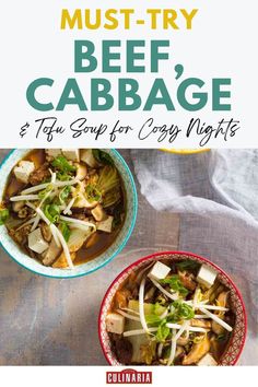 Hearty beef, cabbage, and tofu soup with bean sprouts and mushrooms in colorful bowls.