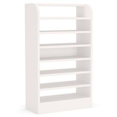 a white book shelf with four shelves on one side and two open ones on the other