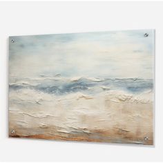 an abstract painting with white and blue waves in the ocean, on a metal frame