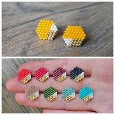 four different types of beaded studs on a person's hand, one is yellow and the other is red