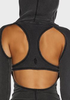 in stretch ribbed knit construction with dark washed gray finish. Fixed hood detail, cowled turtle neckline that can be pulled up into a mask, long sleeves with thumbhole cuffs, ruched sides with adjustable drawstrings, racerback cut-out design, and embroidered 'D' logo graphic at back. Black Fitted Top With Cowl Back, Washed Black Long Sleeve Fitted Top, Washed Black Fitted Long Sleeve Top, Long Sleeve Fitted Top In Washed Black, Fitted Long Sleeve Top In Washed Black, Fitted Long Sleeve Washed Black Top, Cut Out Mini Dress, Ruched Mini Dress, Cut Out Design