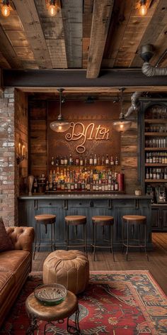 an old fashioned bar with stools and tables