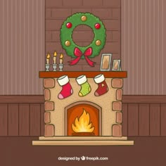 a christmas fireplace with stockings hanging on it and a wreath over the fire in front