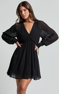 Xandria Mini Dress - Blouson Sleeve Cut Out Dress in Black | Showpo USA Red Sequin Dress, Basic Black Dress, Neon Outfits, Bachelorette Dress, Spring Maxi Dress, Navy Bridesmaid Dresses, Blouson Sleeve, Long Sleeve Dress Formal, Cut Out Dress