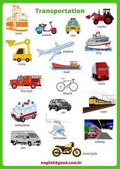 an english poster with different types of vehicles and trucks on it's sides, including the words transportation