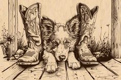 a drawing of a dog with cowboy boots on it's head and his paws resting on the ground