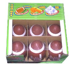 six chocolate footballs in a cardboard box with white trim on the top and bottom