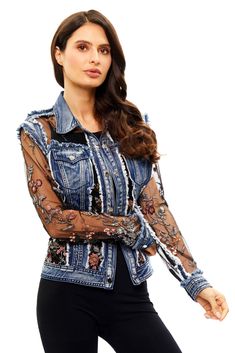 Front image of sheer sleeve denim jacket with embroidery by adore. Spring Party Outerwear With Floral Embroidery, Long Sleeve Denim Jacket With Floral Embroidery For Fall, Floral Embroidered Long Sleeve Denim Jacket For Fall, Floral Embroidery Long Sleeve Denim Jacket For Fall, Spring Party Casual Denim Jacket, Spring Party Outerwear With Sheer Sleeves, Long Sleeve Denim Jacket For Party, Embellished Denim Jacket For Parties, Party Denim Jacket With Embellished Long Sleeves