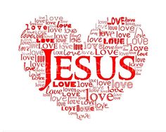 a heart shaped word with the words jesus written in red and black on white background