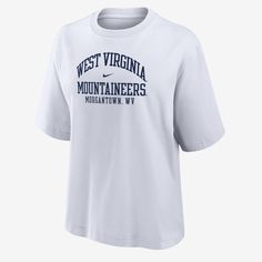 Made with soft cotton, this roomy West Virginia tee gives you a relaxed look without feeling too oversized and lets your cheer on the Mountaineers in comfort. Nike Sporty T-shirt For Loungewear, Nike Cotton T-shirt For Loungewear, Oversized Nike T-shirt With Graphic Print, White Relaxed Fit Cropped T-shirt With Text Print, White Cropped T-shirt With Text Print, Relaxed Fit, Oversized Nike Cotton T-shirt, Oversized White Cropped T-shirt, Nike Relaxed Fit Tops For College, Nike Relaxed Fit College Tops