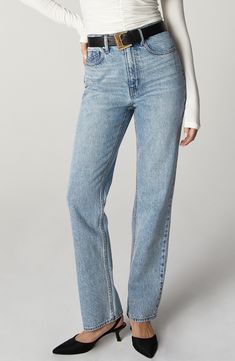 Build out your collection of capsule-wardrobe essentials with these daily-wear nonstretch jeans boasting a structured straight-leg silhouette. 31 1/2" inseam; 16 1/2" leg opening; 12" front rise; 15 1/2" back rise Zip fly with button closure Five-pocket style 100% cotton Machine wash, line dry Imported Everyday Straight Jeans With Five Pockets, Everyday Bottoms With Five Pockets In Straight Silhouette, Everyday Denim Blue Flare Jeans With Straight Hem, Everyday Jeans With Relaxed Fit, Straight Silhouette, Classic Blue Flare Jeans With Straight Hem, Blue Flare Jeans With Straight Hem For Everyday, Everyday Straight Denim Blue Bottoms, Straight Denim Blue Bottoms For Everyday, Trendy Straight Silhouette Bottoms With Five Pockets