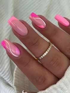 Fun French Tips Coffin, Summer Nails Coffin Shape, Nail Polish Ideas Easy, Shorties Nails, French Press On Nails, Colorful Swirls, Season Nails, Short French