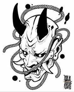 an ink drawing of a demon with horns and rope around his neck, in black and white