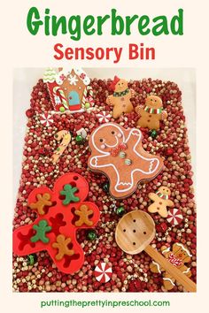 A chickpea-based gingerbread sensory bin children will love. Shop the dollar stores for gingerbread accessories to fill the bin. Gingerbread Sensory Bin, Gingerbread Sensory, Gingerbread Accessories, Christmas Craftivity, Sensory Bin Play, Christmas Fairy Garden, Sensory Tub, Fun Christmas Activities, Sensory Crafts