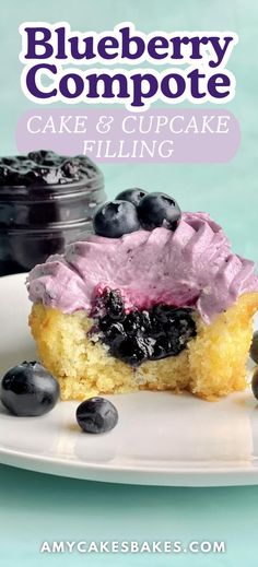 blueberry compote cake and cupcake filling on a plate with the title overlay