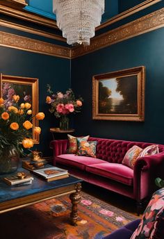 a living room filled with furniture and flowers on top of a blue table next to a chandelier