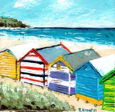 a painting of colorful beach huts by the ocean