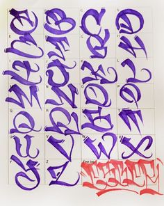 the letters and numbers are drawn with purple ink