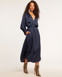 Cecilia Belted Midi Dress in navy | Ramy Brook Silk V-neck Dress For Fall, Elegant Shirt Dress For Date Night In Fall, Elegant Fall Shirt Dress For Date Night, Luxury V-neck Dresses For Fall, Belted Knee-length Evening Dress, Chic Silk A-line Dress For Work, Chic Long V-neck Formal Dress, Dressy Evening Belted Dress, Luxury Belted Fall Dresses