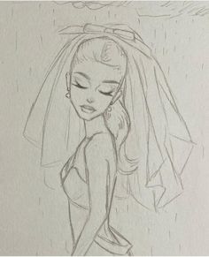 a drawing of a woman in a wedding dress with her eyes closed and veil over her head