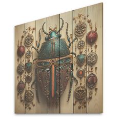 a wooden wall with an image of a bug on it