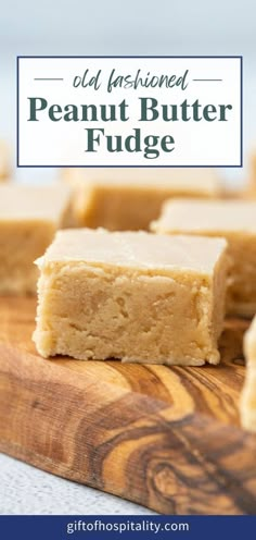 sliced up peanut butter fudge on a cutting board with the title text overlay