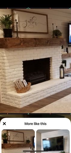 the fireplace is painted white and has been decorated with wood planks, plants and candles