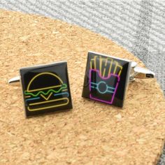 Neon Sign American Style Burger and Fries Square Cufflinks in personalised cufflink box  that can be personalised with a four line message in a variety of fonts. A Fantastic & Fun design for any fast food lover, or the Classic American style. Black Rectangular Cufflinks For Gift, Engraved Compass, Engraved Box, Compass Design, Cufflink Box, Personalized Cufflinks, Burger And Fries, Classic American Style, Gifts For Golfers