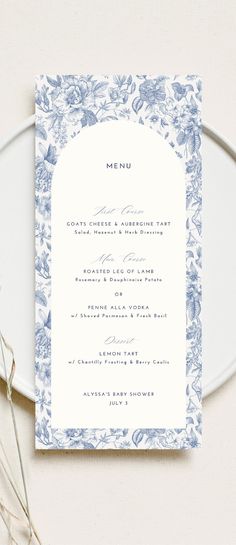 Elegant Toile Menu Card Vintage Baby Shower Menu Template Dusty Blue Bridal Shower Place Card Blue Floral Chinoiserie Party Menu Editable - Etsy Canada Dusty Blue Modern Wedding, Blue And White Wedding Seating Chart, Blue Wedding Menu Cards, Blue Menu Design, Chinoiserie Baby Shower Theme, Light Blue Graphic Design, Blue Toile Wedding, Blue Wedding Aesthetic, Vintage Menu Design