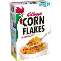 a cereal box with corn flakes in it