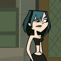 a cartoon girl with blue hair and black top standing in front of a door, looking at the camera