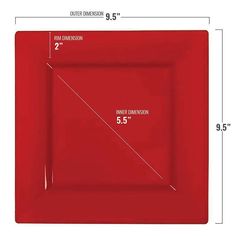 • Approx. inner dimensions: 7.5" x 7.5" • Approx. outer dimensions: 9.5" x 9.5" • Approx. outer rim: 2" • Case quantity: 12 packs of 10 plates • Color: Red • Shape: Square • Material: Plastic • Disposable: One-time, single-party use • Recycling code: #6 PS Polystyrene • BPA-free: Yes Red Dinnerware, Plastic Dinnerware, Square Cake, Engagement Ceremony, Red Square, Romantic Decor, Plastic Plates, Full Meal Recipes, Disposable Tableware