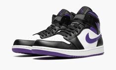 The Air Jordan 1 Mid “Dark Iris” is a colorway of the mid-top version of Michael Jordan’s first signature shoe that unofficially shows love to the Sacramento Kings.  Dressed in the basketball team’s black, white, and purple team uniform colors, the “Dark Iris” is in no way affiliated with the Kings, but brings to mind all of the great Player Exclusive Air Jordan colorways worn by former Kings players and Team Jordan members Mike Bibby and Mitch Richmond.  The shoe features a white perforated lea Mitch Richmond, Mike Bibby, Air Jordan 1 Mid White, Jordan 1 Mid White, Jordan Ones, Nike Air Jordan 1 Mid, Air Jordan Sneakers, Purple Accents, Sacramento Kings