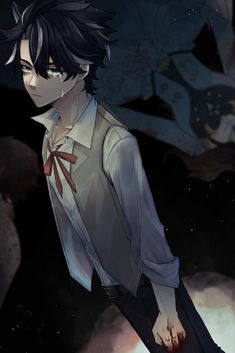 an anime character with black hair wearing a white shirt and tie, standing in front of a dark background