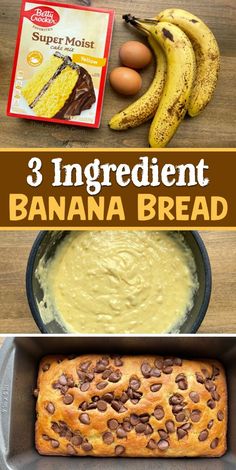 banana bread with chocolate chips and bananas in the background text reads 3 ingredient banana bread