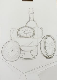 a drawing of a bottle and oranges in a bowl