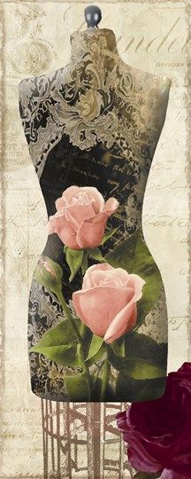 an altered photograph of a mannequin with roses on it's body and lace