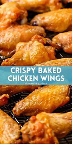 crispy baked chicken wings on a grill with text overlay that reads crispy baked chicken wings