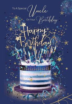 a birthday cake with candles and confetti on it is in front of a blue background