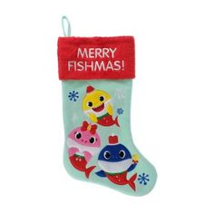 a christmas stocking with cartoon fish on the front and merry fishing on the back