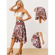 This skirt features a floral, self-tie wrap design, an asymmetrical hem, and a midi length, adding a flowy and charming feel to your vacation look. A flowy hem and tropical floral patterns make this skirt a perfect piece for summer vacation, trips, beaches, weekends, parties, holidays, etc. Paired with a crop top and sandals for many occasions. Tropical Floral Pattern, Wrap Midi Skirt, Vacation Looks, Women's Tie, Tie Wrap, Tropical Floral Print, Tropical Style, Floral Wraps, Womens Tie