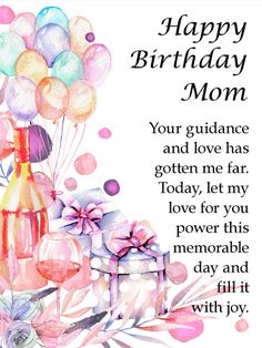 a birthday card with balloons and gifts for the woman in her life, including a bottle of wine