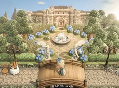 an animated image of a castle with blue flowers in the foreground and people walking around