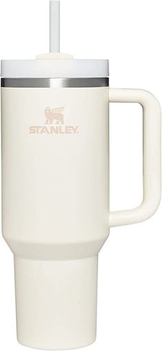 a white travel mug with a straw in the cup is shown on a white background