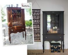 an old china cabinet is painted black and has been refinished with chalk paint