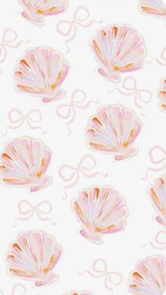 pink and white shells on a white background with ribbon in the middle, as well as an ornament